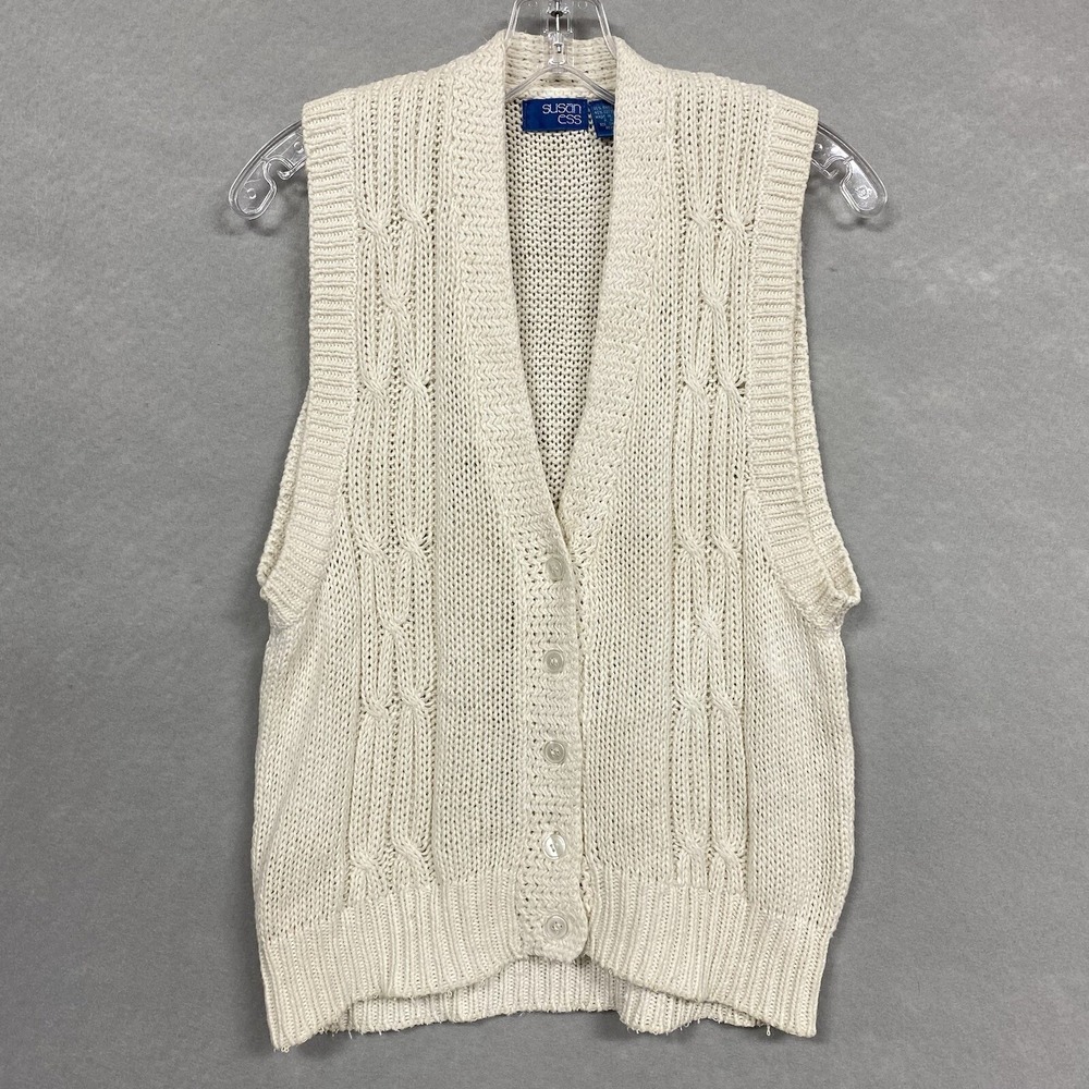 Susan Ess Women S Sweater Vest Ivory Vintage Cable Knit Button Up Sleeveless